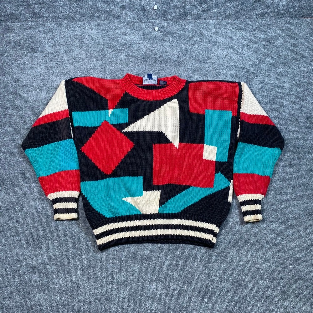 Vintage Best American Clothing Co Geometric Striped Sweater Mens L Red Teal 80s